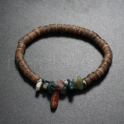 Synthetic Watermelon Stone Glass Chips & Coconut Disc Beaded Stretch Bracelet UM3945-5-1