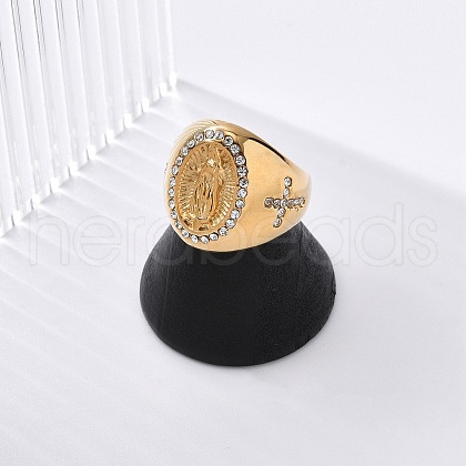 Oval with Saint 304 Stainless Steel Rhinestone Finger Ring for Unisex RJEW-Z076-05G-02-1