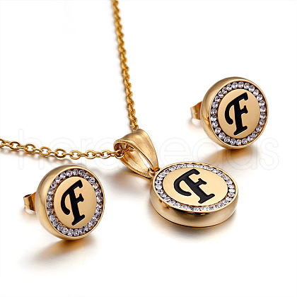 Flat Round with Letter Pattern 304 Stainless Steel Crystal Rhinestone Pendant Necklace & Stud Earring FS-WG33EDD-06-1
