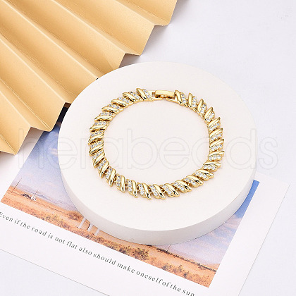Brass Micro Pave Clear Cubic Zirconia Leaf Link Chain Bracelets for Women ZIRC-T016-08G-1