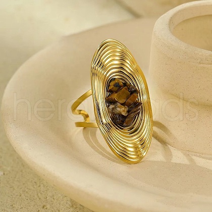 Natural Tiger Eye Beads with 304 Stainless Steel Cuff Rings RJEW-Q017-01G-A-1