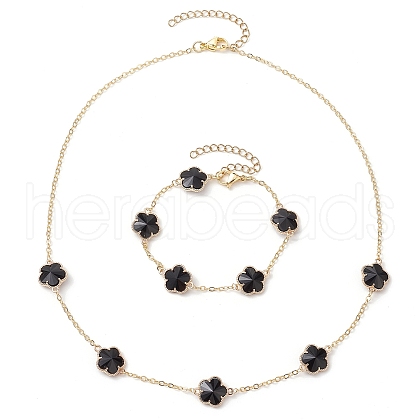 Plum Blossom Glass Links Necklace and Bracelet Sets SJEW-JS01293-02-1