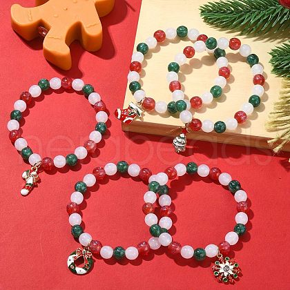 5Pcs 5 Styles Red White Green Round Resin Beaded Stretch Bracelets BJEW-JB09525-S-1