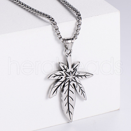 Retro Creative Stainless Steel Maple Leaf with Flower Pendant Punk Hip-hop Necklaces TT3149-1-1
