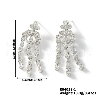 Elegant and Simple Brass Clear Cubic Zirconia Flat Round Tassel Stud Earrings GP2120-3-1