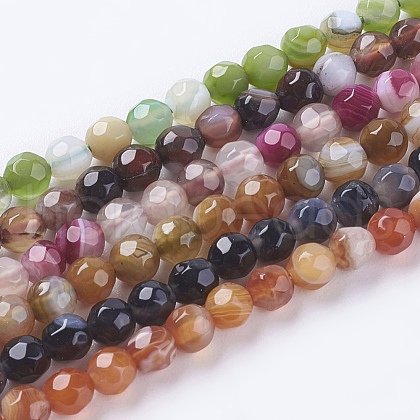 Faceted Round Dyed Natural Striped Agate/Banded Agate Beads Strands G-G581-4mm-M-1