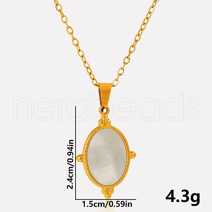 304 Stainless Steel Pave Natural White Shell Geometric Oval Pendant Necklaces AX5214-4-1