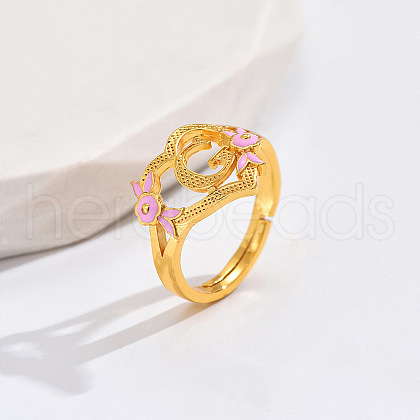 Heart & Flower Brass Pearl Pink Enamel Adjustable Finger Rings FS-WG8B9BA-06-1