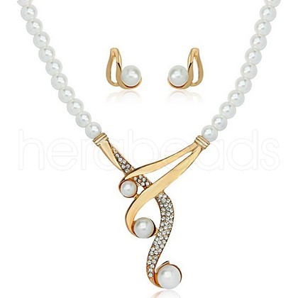 Alloy & Crystal Rhinestone & Plastic Pearl Round Beaded Pendant Necklace & Stud Earring FS-WG9180D-01-1