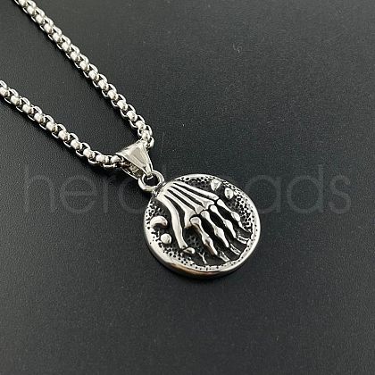 Stainless Steel Flat Round Skeleton Hand Pendant Trendy Punk Style Men's Necklaces NL0827-1