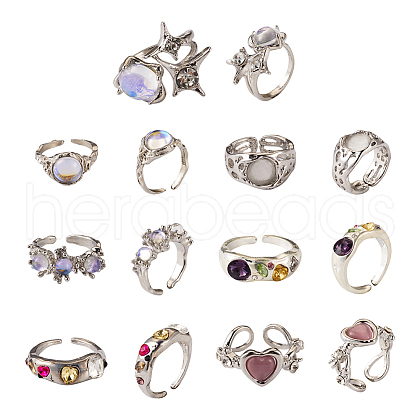 7Pcs 7 Style Rhinestone Heart & Star & Half Round Open Cuff Rings Set with Cat Eye Beaded RJEW-TA0001-03-1