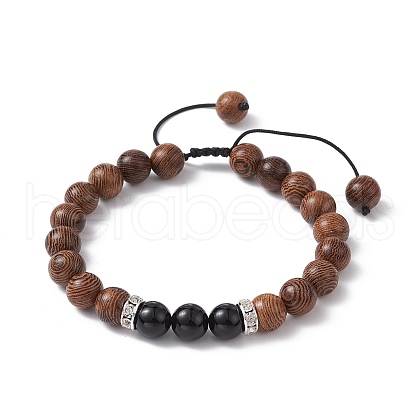 Natural Wenge Wood & Obsidian Round Braided Bead Bracelet BJEW-JB09757-02-1