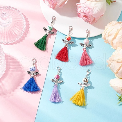 Angel Handmade Flower Printed Porcelain & Polycotton Tassel Pendant Decorations HJEW-JM03299-1
