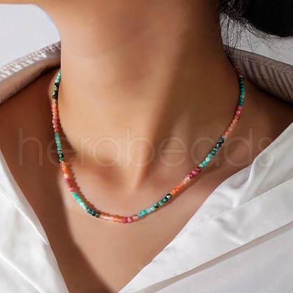 Bohemian Style Natural African Turquoise(Jasper) & Rhodonite & Red Aventurine & Aquamarine Faceted Round Beaded Necklaces for Women EF1114-1
