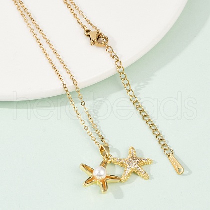Starfish Brass Micro Pave Cubic Zirconia Pendant Neckalces for Women NJEW-C076-06G-1