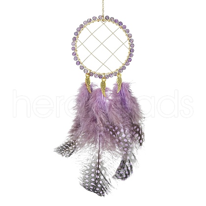 Natural Amethyst Woven Net/Web with Feather Wall Hanging Decoration HJEW-JM01222-01-1