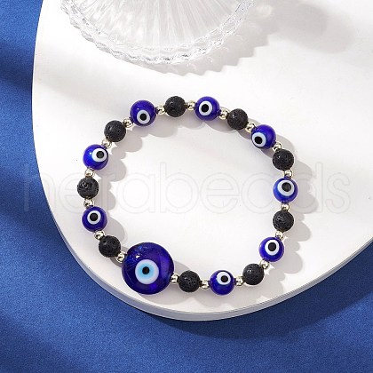 Natural Lava Rock & Handmade Lampwork Beads Stretch Bracelets BJEW-JB11984-02-1