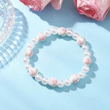 ABS Plastic Imitation Pearl Round Beads Stretch Bracelets for Women BJEW-JB11606-03-1