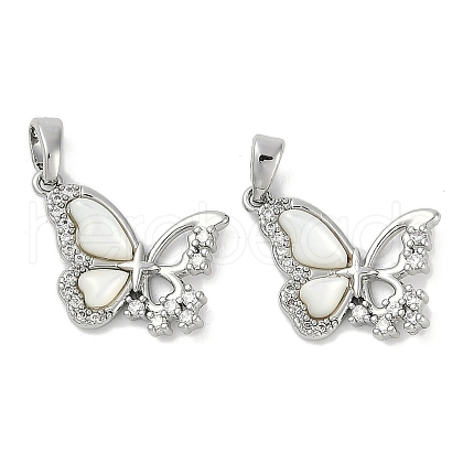 Brass Pave Natural White Shell Butterfly Pendants KK-U043-28P-1