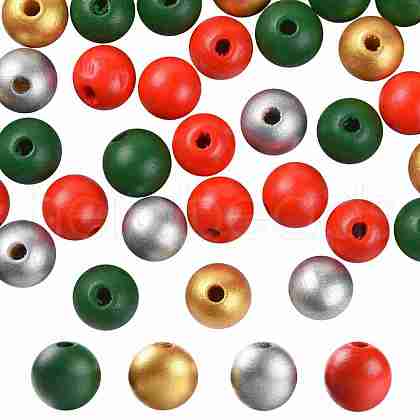 160Pcs 4 Colors Christmas Painted Natural Wood Round Beads WOOD-LS0001-01N-1