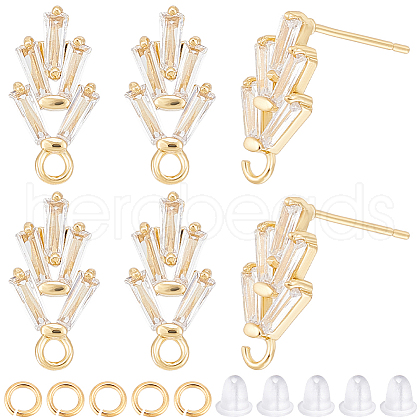 CREATCABIN 6 Pairs Leaf Shape Brass Cubic Zirconia Stud Earring Findings KK-CN0003-20G-1