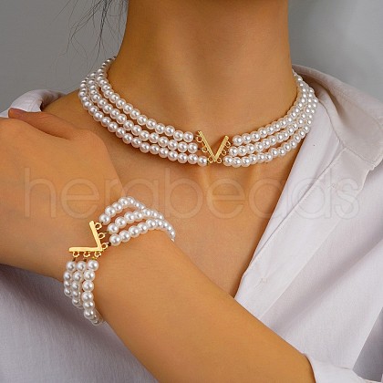 Letter V Alloy & Plastic Pearl Round Beaded Multilayer
Choker & Bracelets Sets FS-WG3C0FB-01-1
