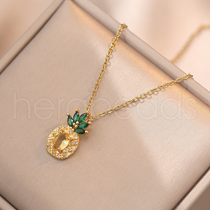Pineapple Stainless Steel Light Topaz Rhinestone Pendant Necklaces for Women WG65275-01-1