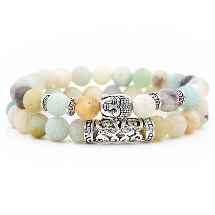 2Pcs 2 Style Natural Amazonite Stretch Bracelets Set with Alloy Buddha Head MATO-PW0001-074Q-1