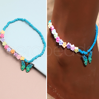 Alloy Butterfly Charm Glass Seed Beaded Stretch Anklets for Beach Party WG08358-01-1