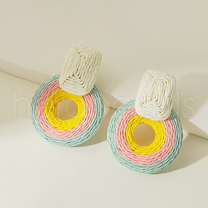 Rectangle with Flat Round Alloy Raffia Dangle Stud Earrings FS-WGEAAFD-07-1