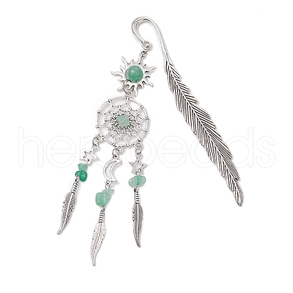 Alloy Sun & Woven Net/Web with Feather Charms Bookmarks AJEW-JK00368-01-1