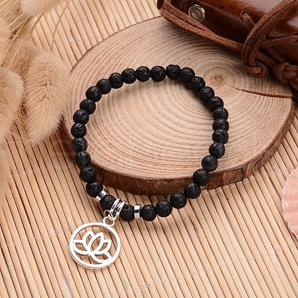 Natural Lava Rock Beaded Stretch Charm Bracelets BJEW-JB02095-03-1