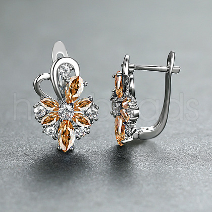 Brass Micro Pave Cubic Zirconia Flower Hoop Earrings WGA76CA-07-1