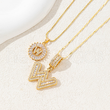 2Pcs 2 Styles Brass Pave Clear Cubic Zirconia Initial Pendant Necklace Sets FS-WGBC393-23-1