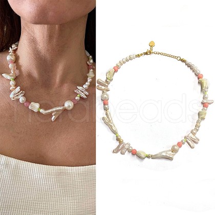 Mother's Day Jewellery Brass & Natural Baroque Pearl Keshi Pearl Beaded Necklaces for Women FS-WG8C333-04-1