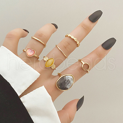 7Pcs Oval/Horse Eye/Heart Alloy Resin Finger Rings FS-WG08CD1-04-1