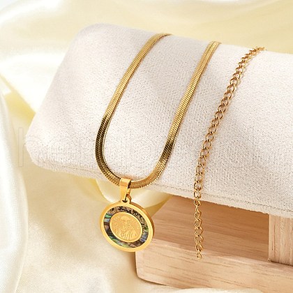 304 Stainless Steel Flat Round Pendant Flat Snake Chain Necklaces for Men NJEW-S387-04G-1