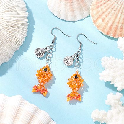 Fish with Shell Shape 304 Stainless Steel Glass Beads Dangle Earrings EJEW-MZ00436-01-1