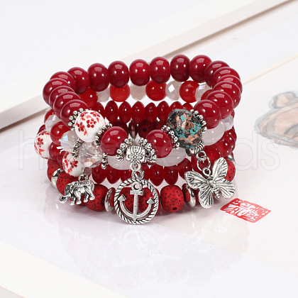4Pcs Bohemian Style Alloy & Glass & Acrylic Charm Bracelets Set WG8E884-03-1