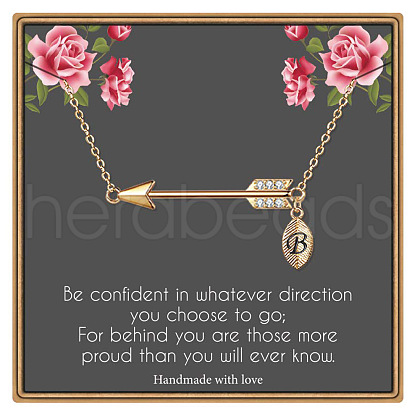 Brass Micro Pave Clear Cubic Zirconia Arrow with Letter Pendant Necklaces FS-WG43978-02-1