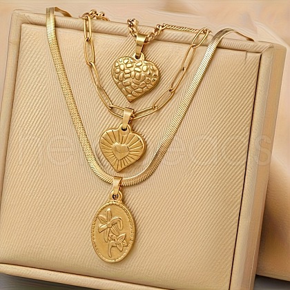 304 Stainless Steel Pendant 3 Layer Necklaces for Women FS-WG3B4D3-03-1
