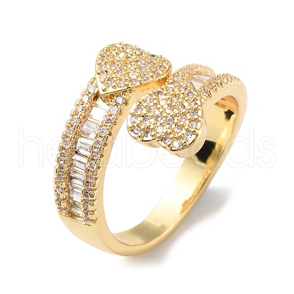 Clear Cubic Zirconia Double Heart Open Cuff Rings RJEW-P089-01G-1