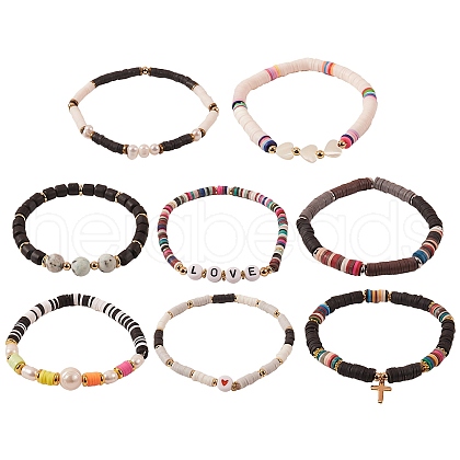 8Pcs 8 Style Polymer Clay Heishi & Natural Pearl & Natural Sea Shell Beads Stretch Bracelets Set for Girl Women BJEW-SZ0001-82-1