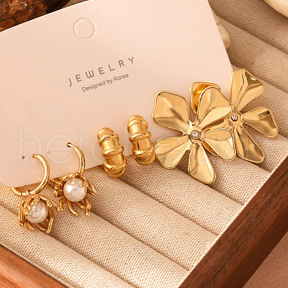 3 Pairs Flower 304 Stainless Steel Pave Clear Cubic Zirconia and Imitation Pearl Hoop Earrings Sets FS-WGF1EAA-02-1