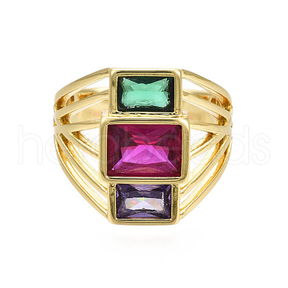 Colorful Cubic Zirconia Triple Rectangle Open Cuff Ring RJEW-N037-013-02LG-1