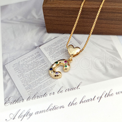 Brass Pave Colorful Cubic Zirconia Heart Initial Pendant Necklaces for Women WGF6021-06-1