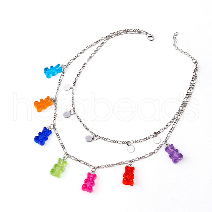 Alloy Flat Round & Resin Bear Pendant Double Layer Necklaces for Women WG0729C-09-1