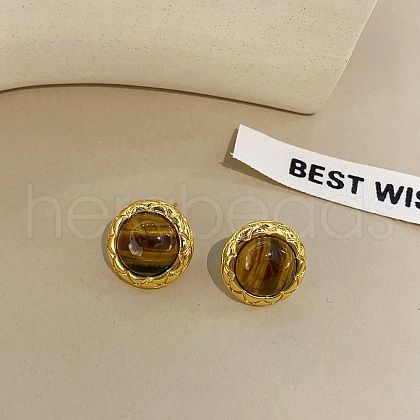 Brass Tiger Eye Stud Earrings EJEW-B120-05G-06-1