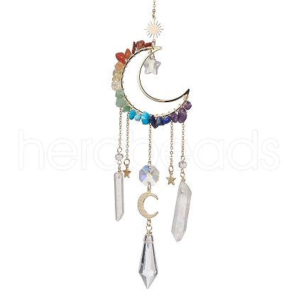 Natural & Synthetic Mixed Stone Wire Wrapped Moon Hanging Ornaments HJEW-JM01615-1