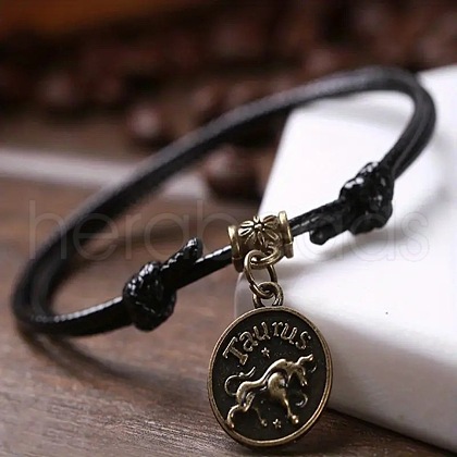 Alloy Flat Round with Constellation Charms Double Layer Black Imitation Leather Cord Adjustable Anklets WGE0879-04-1